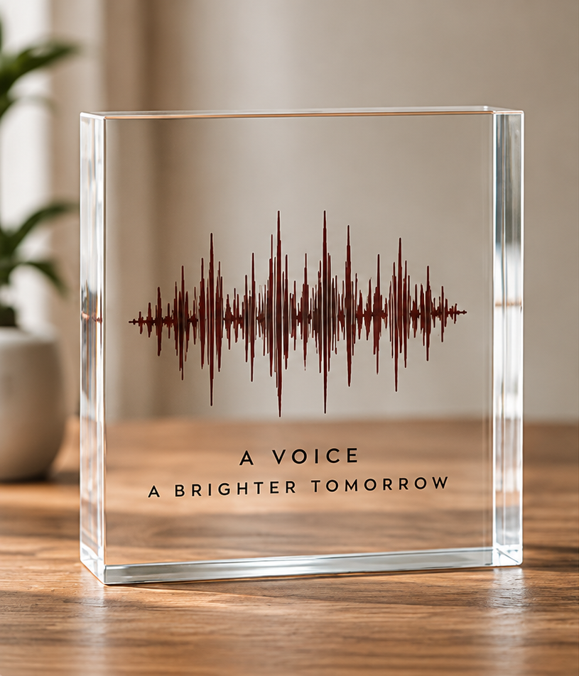 A clear acrylic block engraved with a waveform and the words “A voice, a brighter tomorrow”.