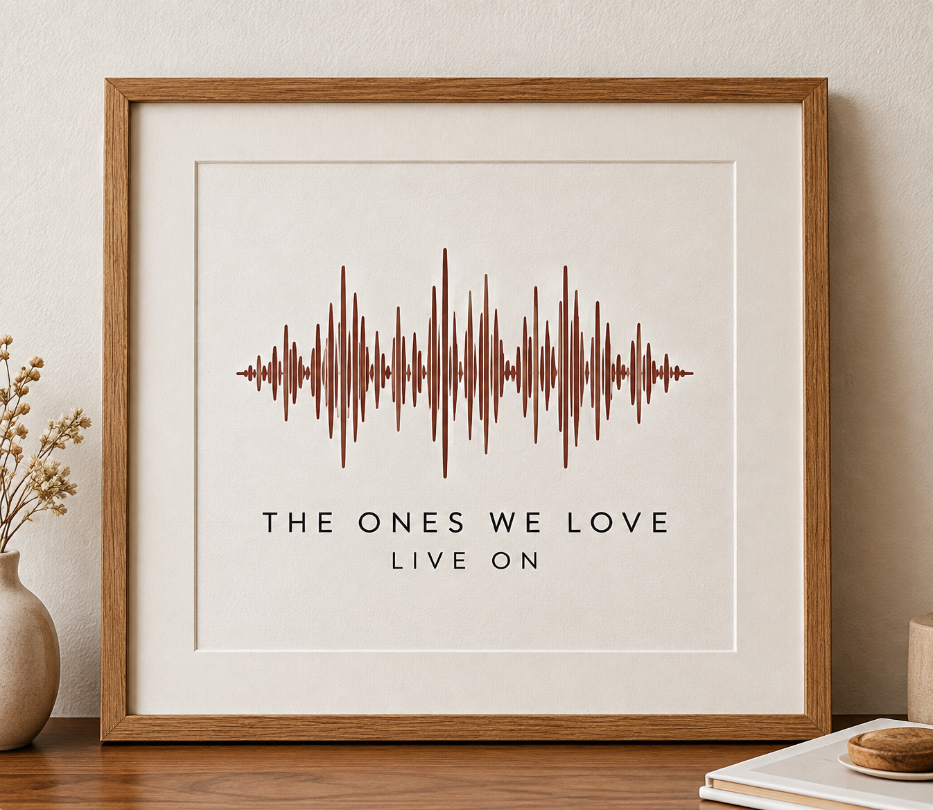 A framed print of a waveform above the words “The ones we love live on”, standing on a shelf.