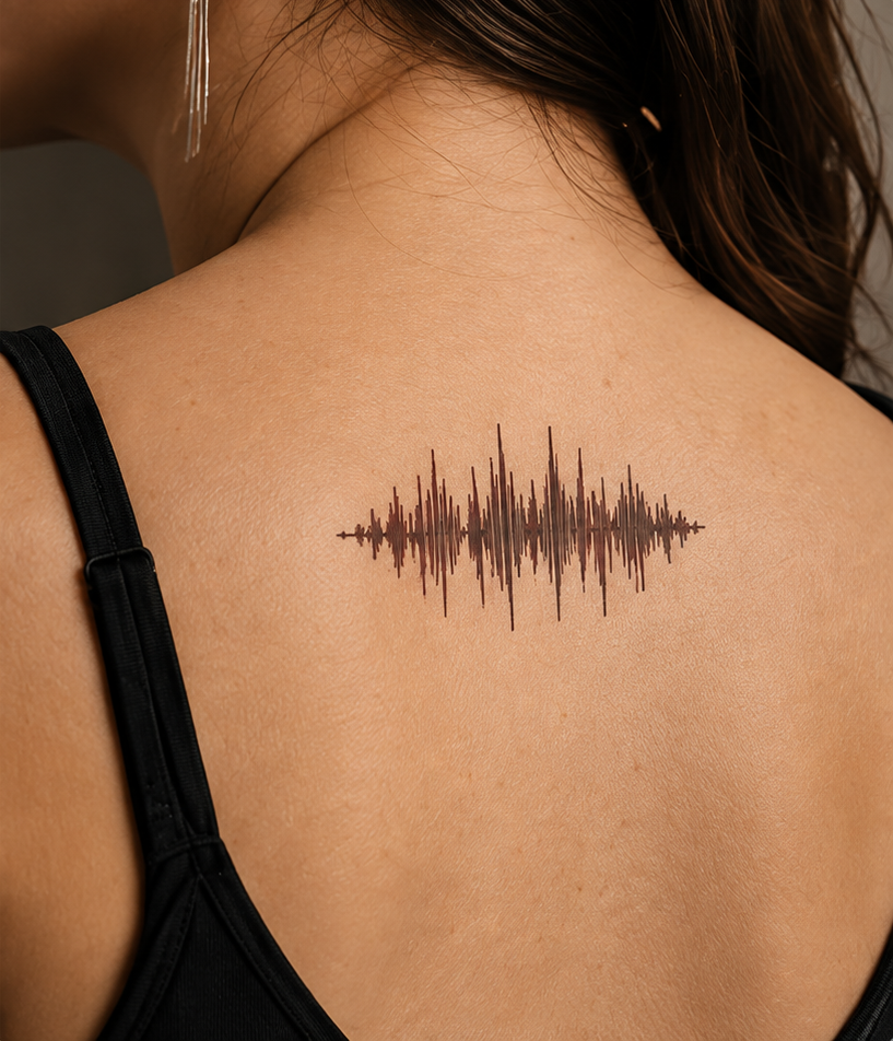 A waveform tattooed across someone’s upper back.